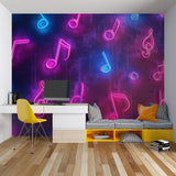 Music themed wall mural in home theater showing bright neon notes on dark galaxy background