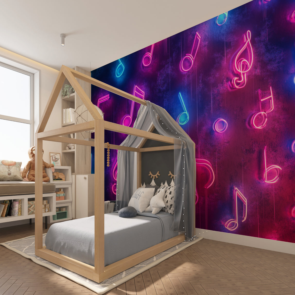 Purple galaxy music wallpaper creating atmosphere in gaming room with neon accents