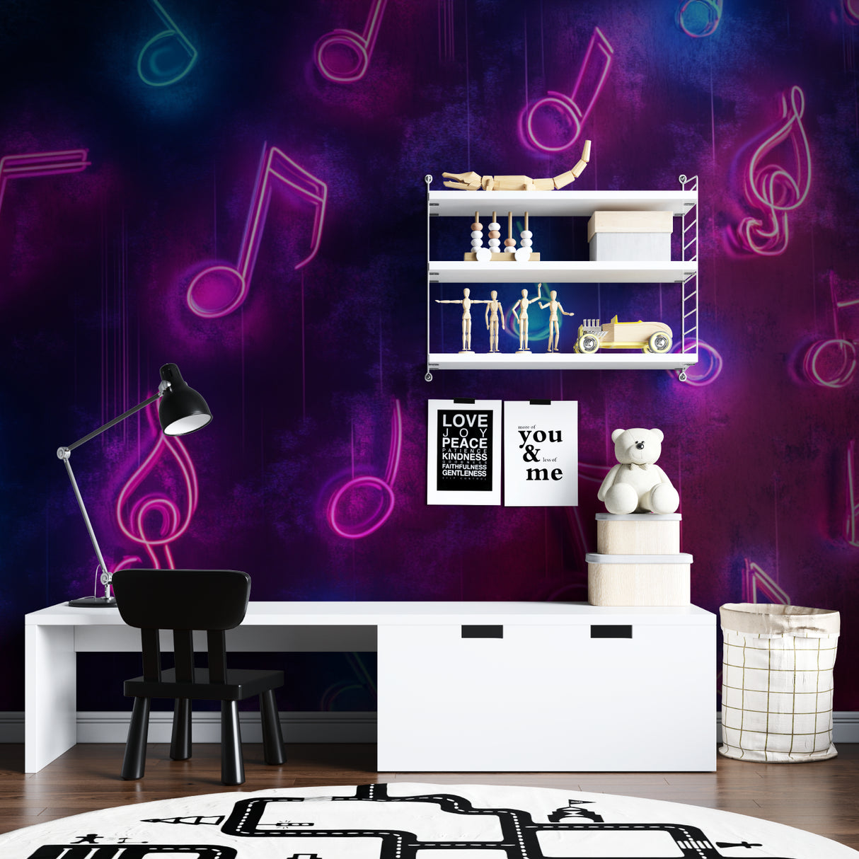Neon music note mural transforming dance studio wall with cosmic purple design
