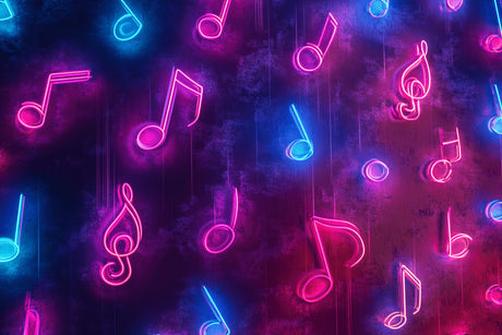 Music note design file showing detailed neon elements on purple galaxy background