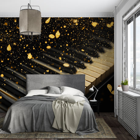 Piano keys wallpaper with golden sparkles in modern living room setting, creating an elegant music-themed focal point