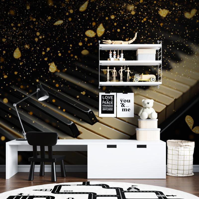 Music wall mural with piano design installed in home studio, showing golden accents catching natural light