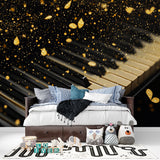 Black and gold piano wallpaper creating dramatic effect in dining room with evening lighting