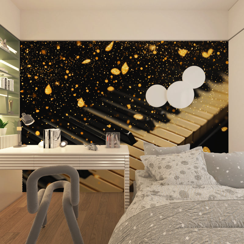 Piano keys mural with golden sparkles in music room, showing scale and impact next to instruments