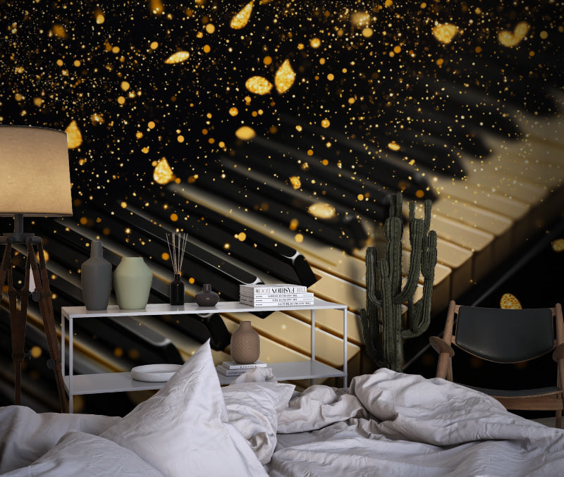 Musical wallpaper installation in entertainment space, highlighting the golden sparkle effect