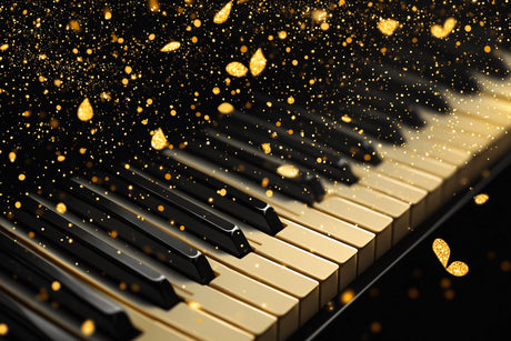 Piano keys with golden sparkles design file showing intricate pattern detail and rich black background