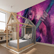 Purple galaxy music wallpaper in modern teen bedroom showing floating guitar design