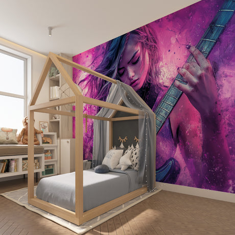 Purple galaxy music wallpaper in modern teen bedroom showing floating guitar design
