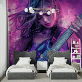 Music themed wallpaper displayed in home recording studio with cosmic purple tones