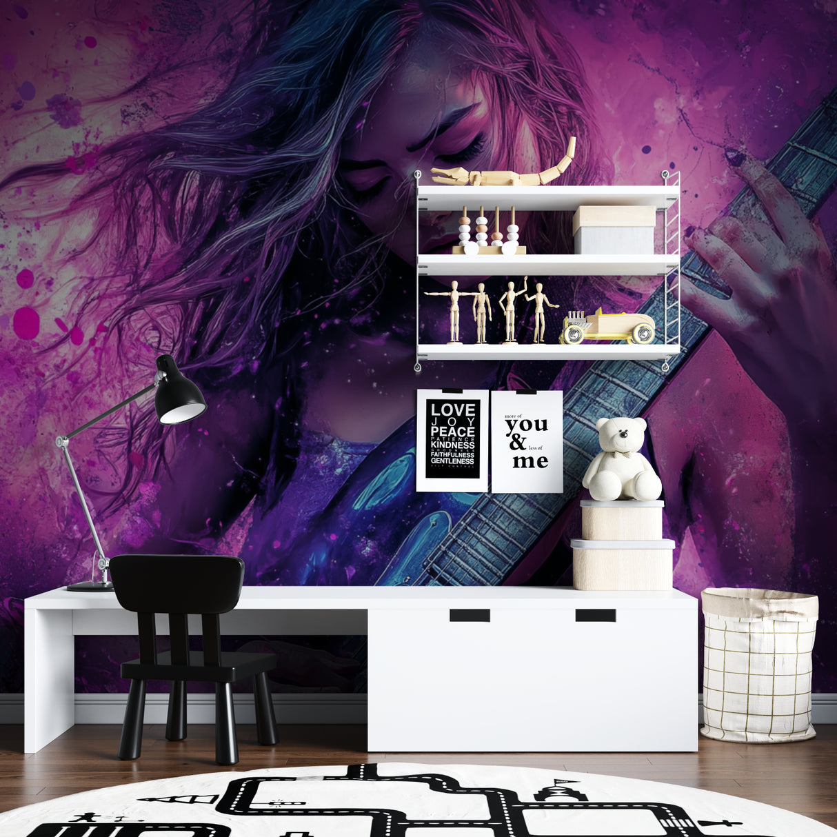 Galaxy guitar wall mural in purple creating atmosphere in living room setting