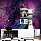 Galaxy guitar wall mural in purple creating atmosphere in living room setting