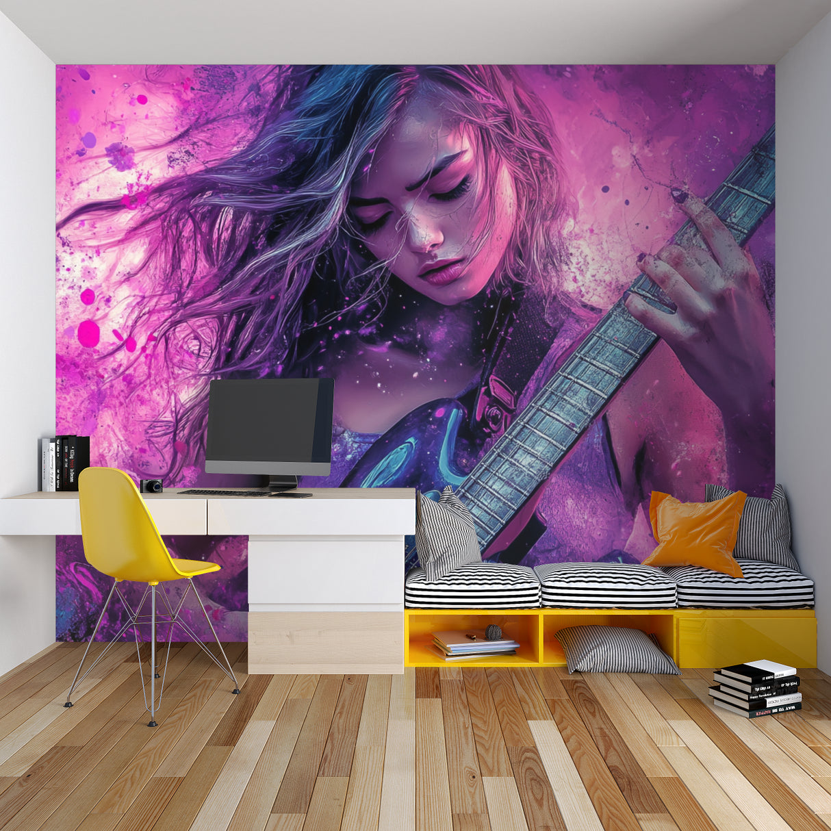 Musical art wallpaper installation in modern apartment music room