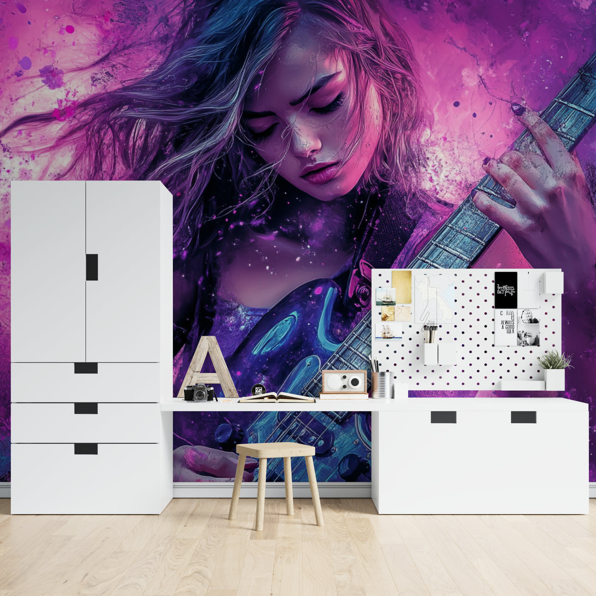 Purple galaxy music mural bringing style to contemporary bedroom
