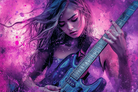 Design file of purple galaxy guitar artwork with cosmic elements and musical details