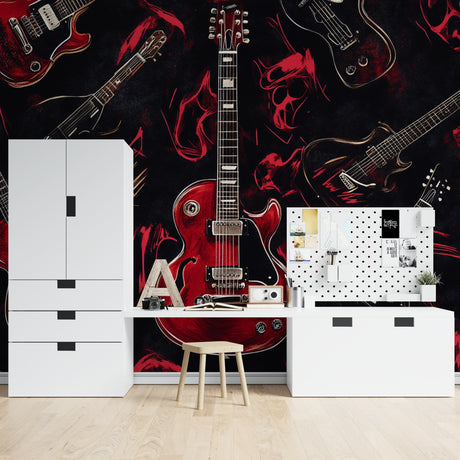 Red electric guitar Music Mural Wallpaper creating drama in modern living room with black furniture