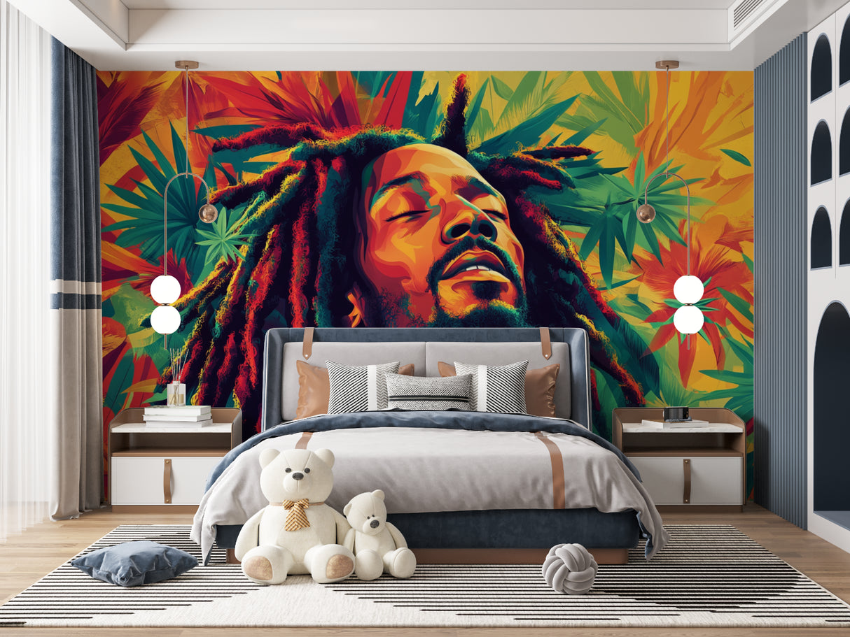 Music wall mural bringing vibrant reggae pop art style to modern living room