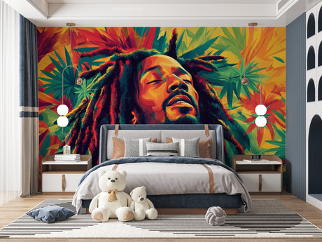 Music wall mural bringing vibrant reggae pop art style to modern living room