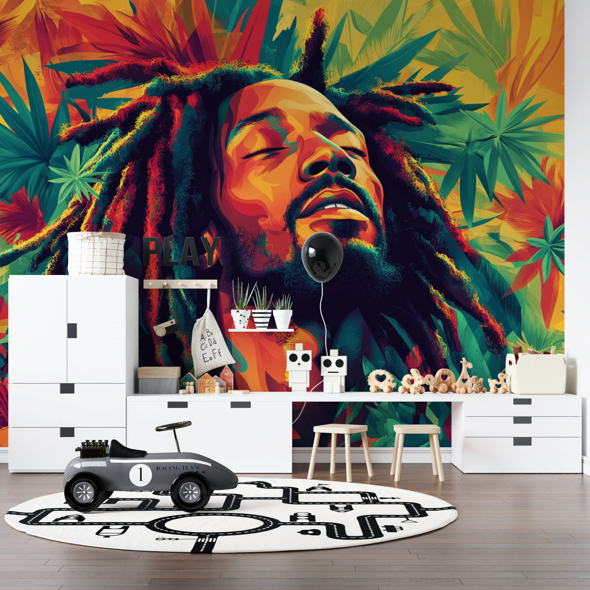 Reggae-inspired wall design creating atmosphere in teen bedroom