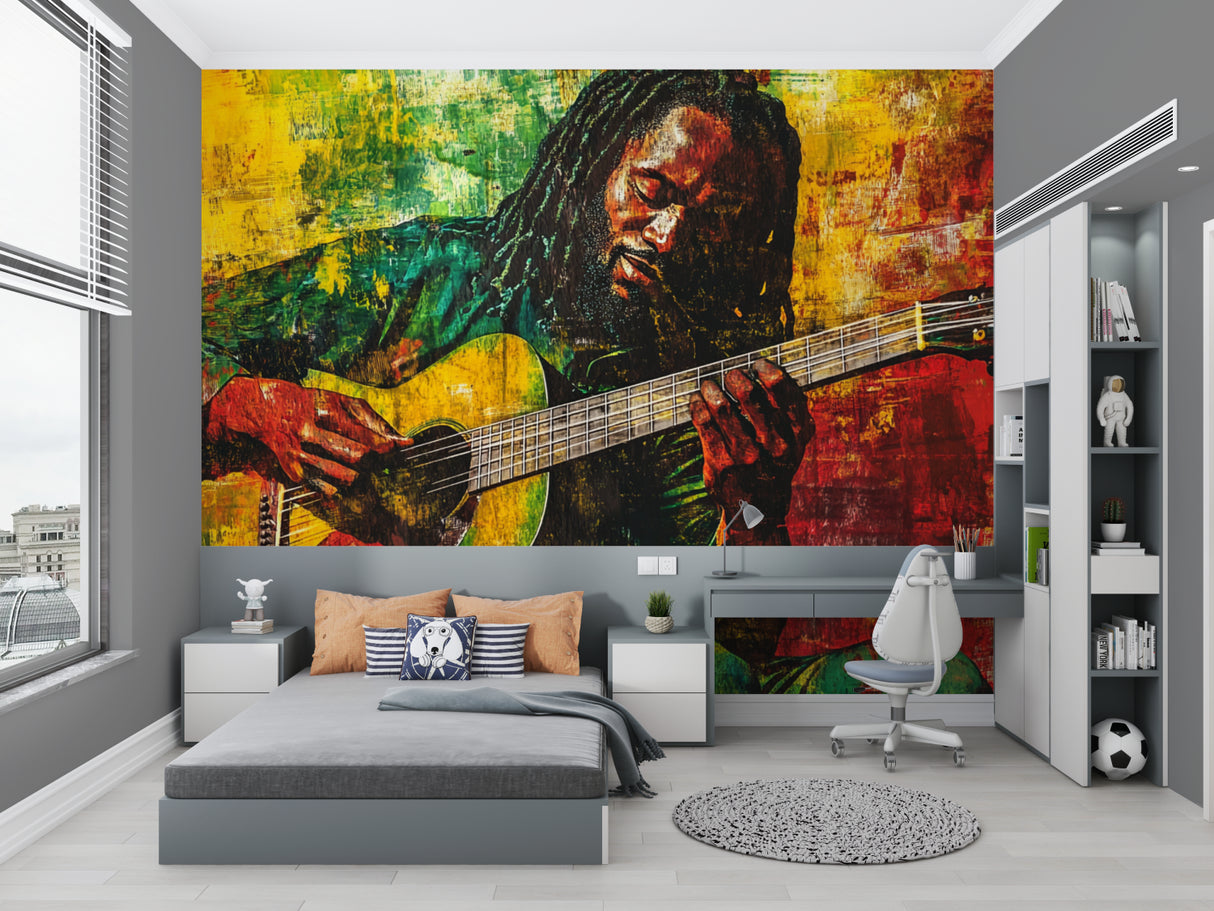 Music-themed wall mural bringing life to contemporary dining space