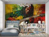 Artistic reggae wallpaper installation in cozy reading nook