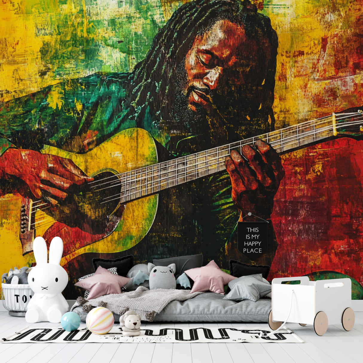Vibrant music mural enhancing entertainment room atmosphere