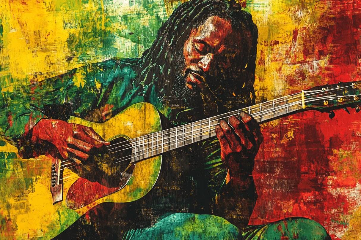 Design file of reggae musician wall mural showing rich colors and artistic details