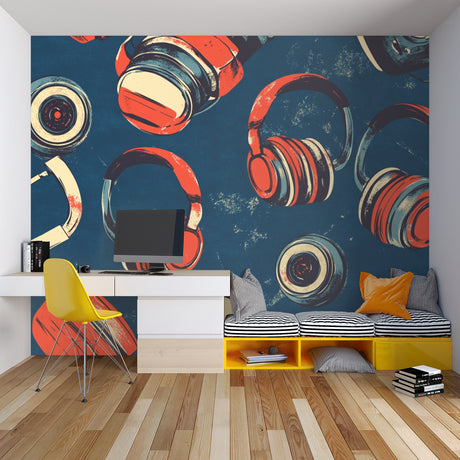 Music wallpaper with retro headphones pattern styled in modern living room with grey sofa and plants
