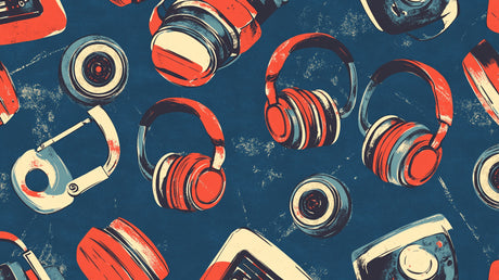 Retro headphones wallpaper design file showing detailed pattern and rich navy background