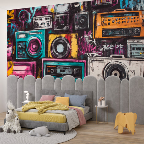 Hip hop music wallpaper transforms teen bedroom with urban style and bold colors