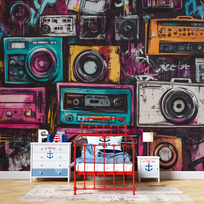 Retro music wall mural brings life to modern living room space