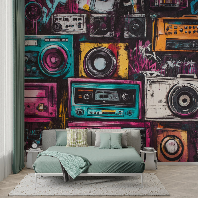 Urban graffiti wallpaper creates amazing atmosphere in music studio