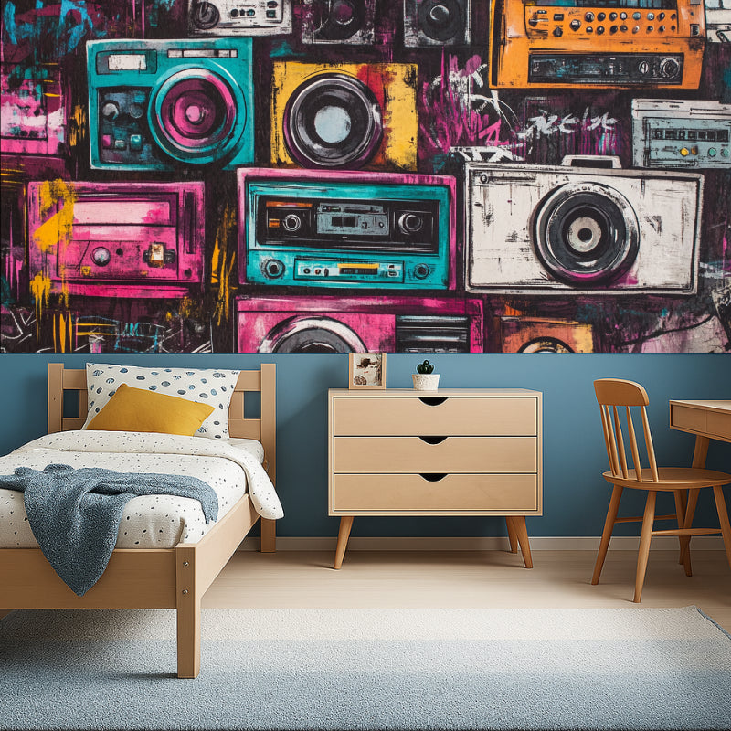 Street art wallpaper design showcased in contemporary home office