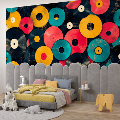 Vinyl records wallpaper creating a musical atmosphere in a modern living room with black accent wall