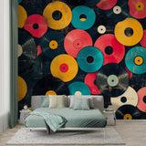 Retro vinyl records mural bringing style to a teen bedroom with music theme decor
