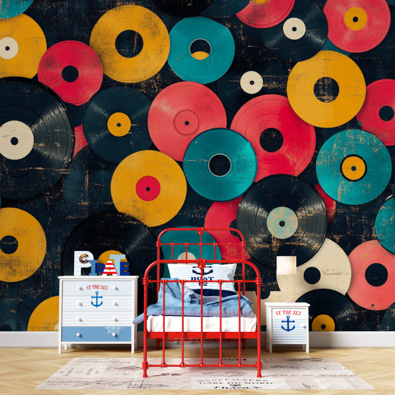 Music room featuring vintage vinyl records wallpaper with ambient lighting