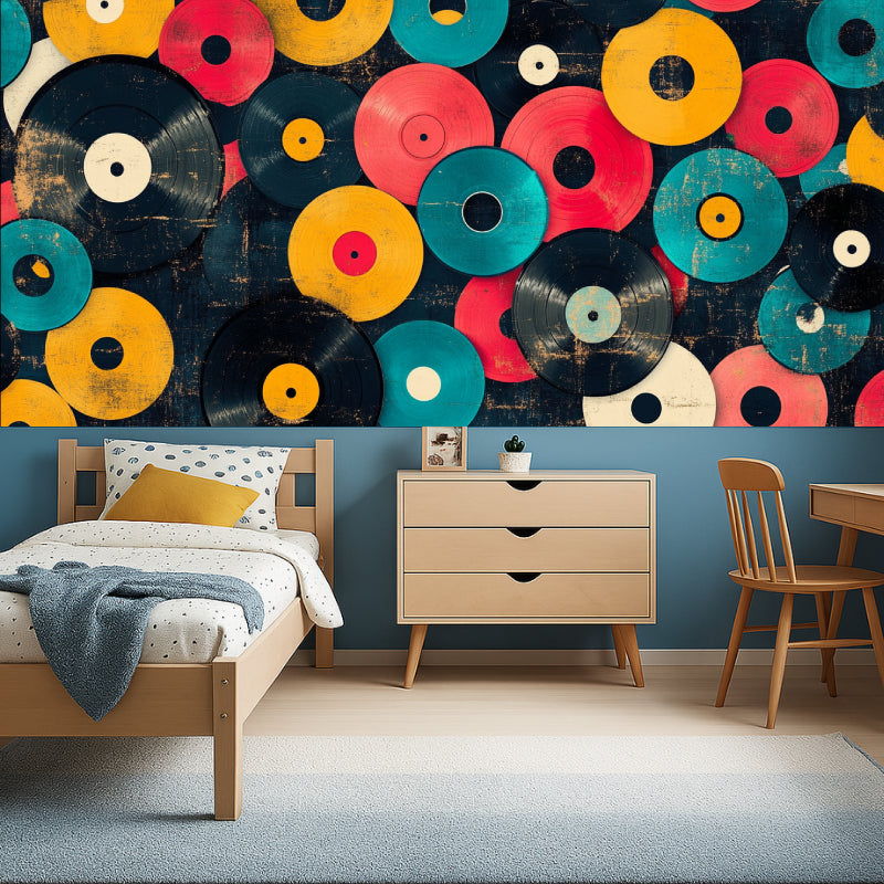 Home studio space decorated with retro vinyl records wall mural design
