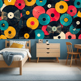 Home studio space decorated with retro vinyl records wall mural design