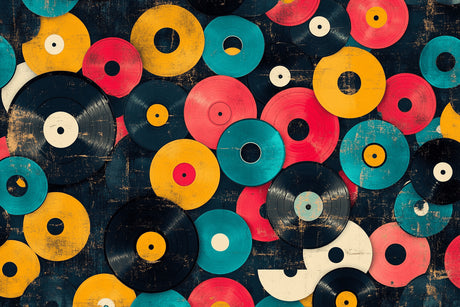 Vinyl records wallpaper design file showing detailed vintage record pattern on black background