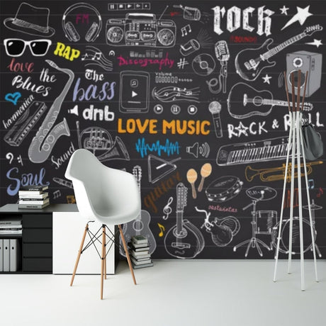 Music themed wallpaper creating a cool vibe in a modern teen bedroom, with dark chalkboard background and colorful musical elements