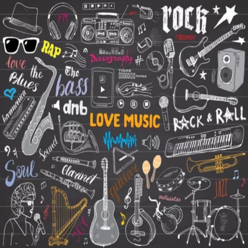 Music wallpaper design file showing complete pattern with rock and roll elements on chalkboard background