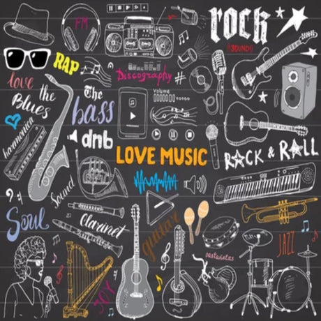 Music wallpaper design file showing complete pattern with rock and roll elements on chalkboard background