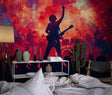 Rock concert wallpaper bringing energy to modern living room with red accents and musical atmosphere