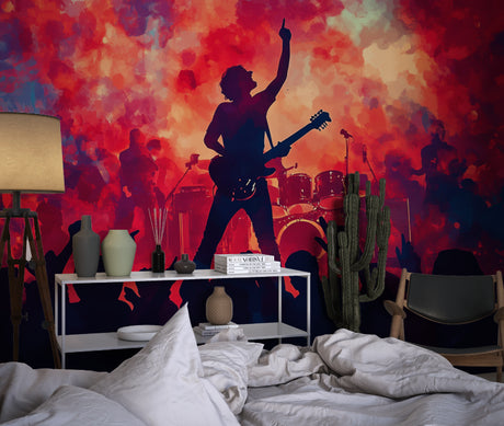 Rock concert wallpaper bringing energy to modern living room with red accents and musical atmosphere