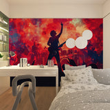Music themed wallpaper showcased in teen bedroom with guitar collection and ambient lighting