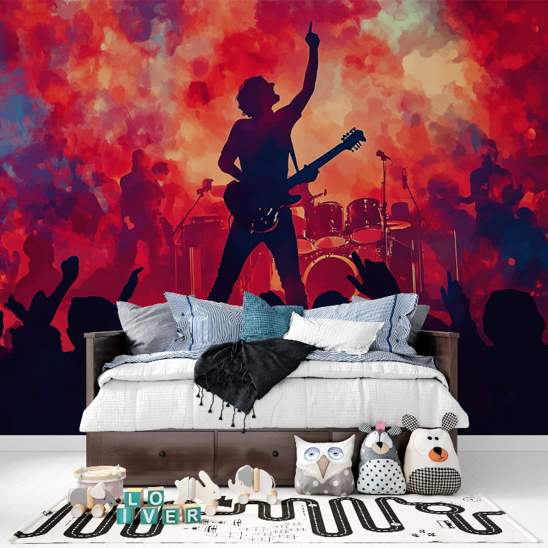 Rock music mural creating perfect backdrop in home recording studio setup