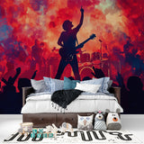 Rock music mural creating perfect backdrop in home recording studio setup