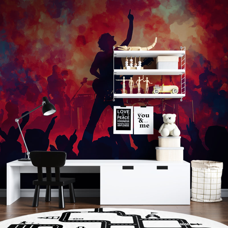 Concert silhouette wallpaper transforming entertainment room with dramatic red tones