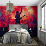 Music wall mural adding character to basement jam room with concert atmosphere