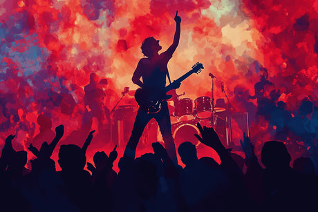 Rock concert silhouette design file showing intricate pattern details and rich red tones
