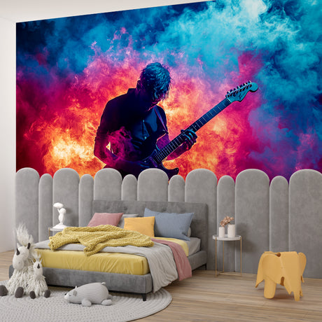 Music wall mural with flaming guitar design showcased in modern living room setting